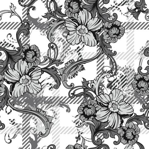 Eclectic fabric plaid seamless pattern with baroque ornament. vector