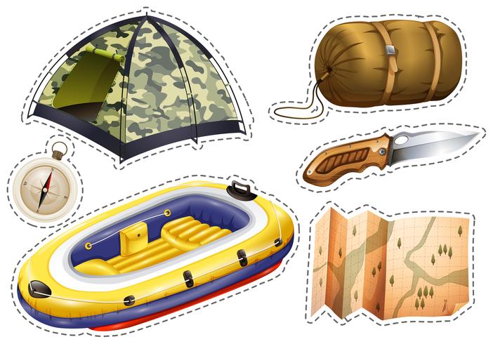 Conjunto de pegatinas de equipos de camping. vector