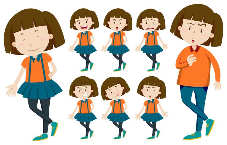 Chica con pelo corto en diferentes acciones. vector