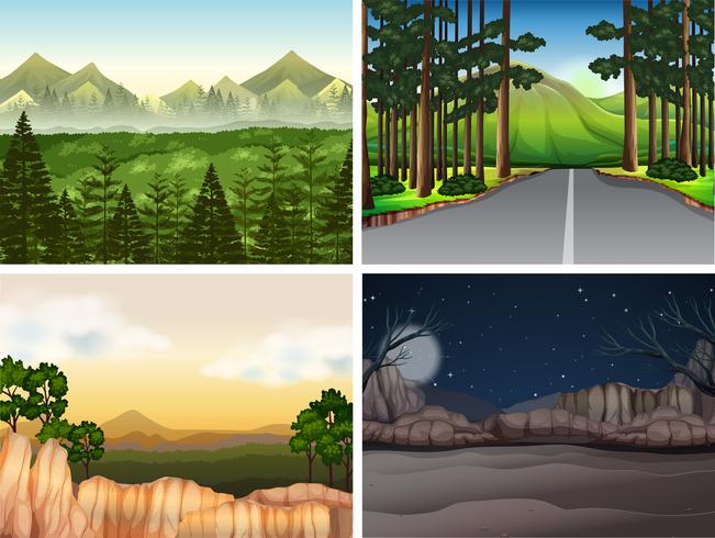 Escenas de fondo con arboles en montaña vector