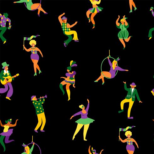 Mardi Gras. Patrón sin fisuras con divertidos hombres y mujeres bailando en trajes brillantes vector