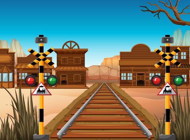 Railroad scene in the western town vector