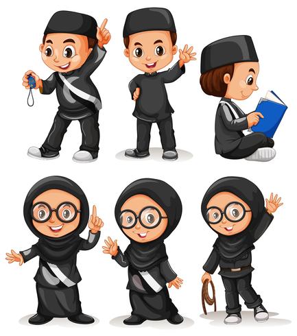 Muslim boy and girl in black costume vector