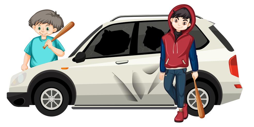 Bad teenagers destoyed car vector