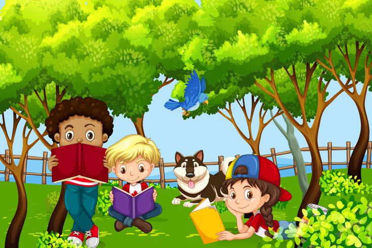 International children kids reading in the park vector