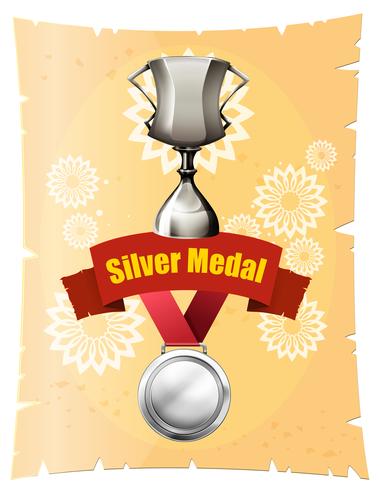 Medalla de plata y trofeo en cartel. vector