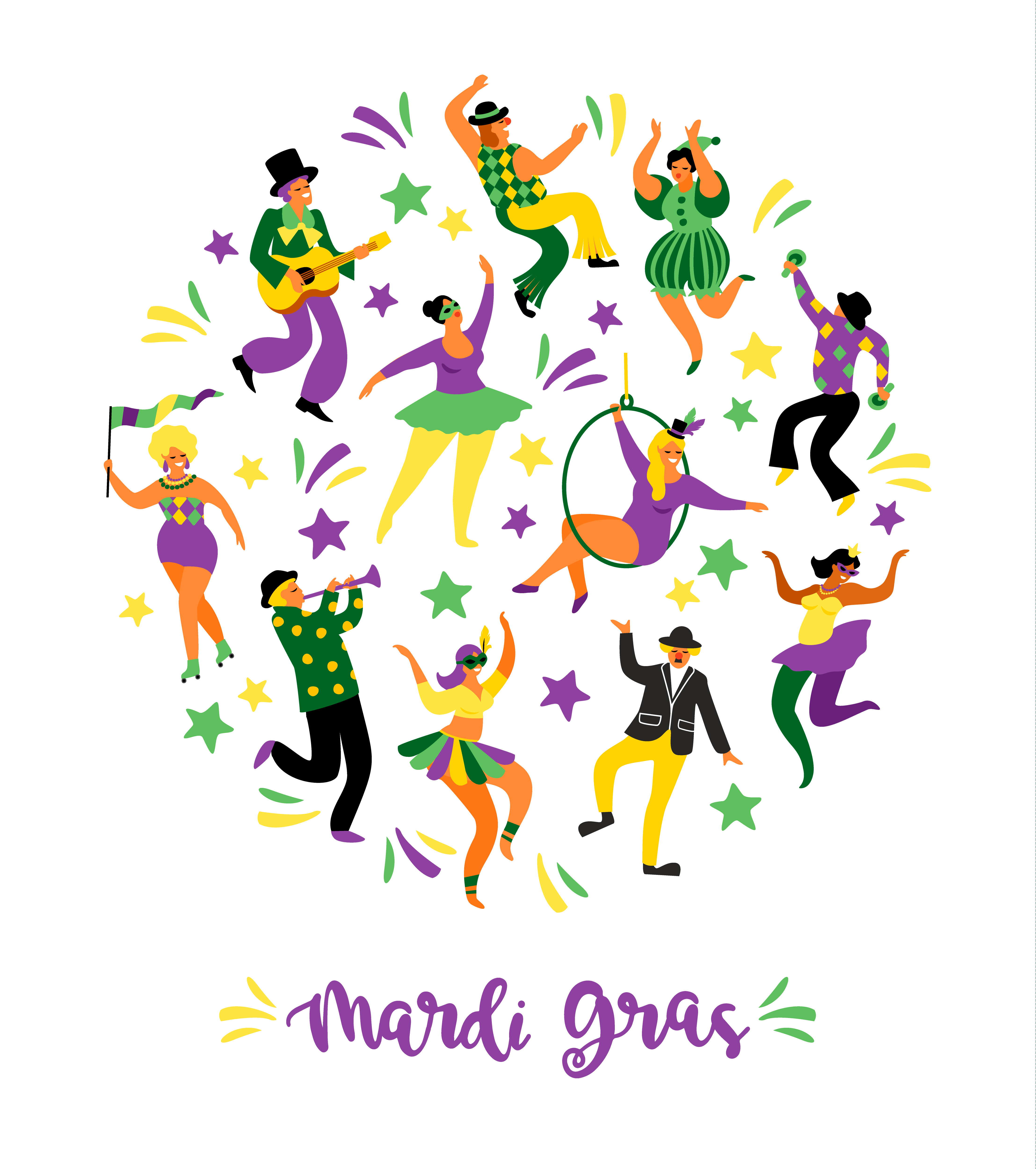 Mardi Gras Vector Illustration Of Funny Dancing Men And Women In Bright Costumes 303040 Vector 