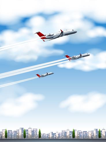 Tres aviones sobrevolando la ciudad. vector