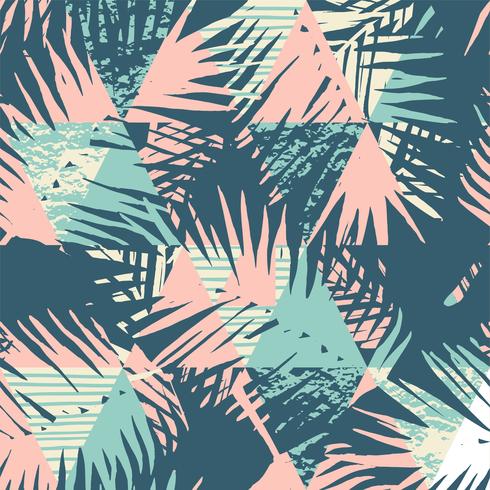 Seamless exotic pattern with tropical palm leaves on geometric background. vector