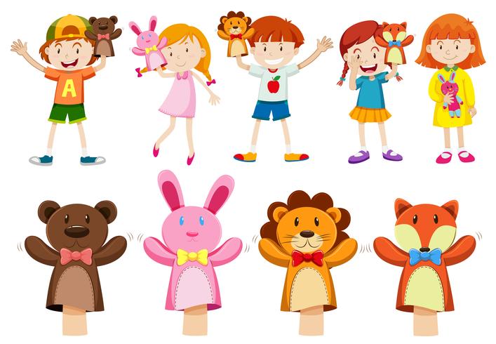 Boys and girls with hand puppets vector