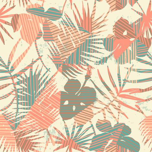 Seamless exotic pattern with tropical plants and geometric background. vector