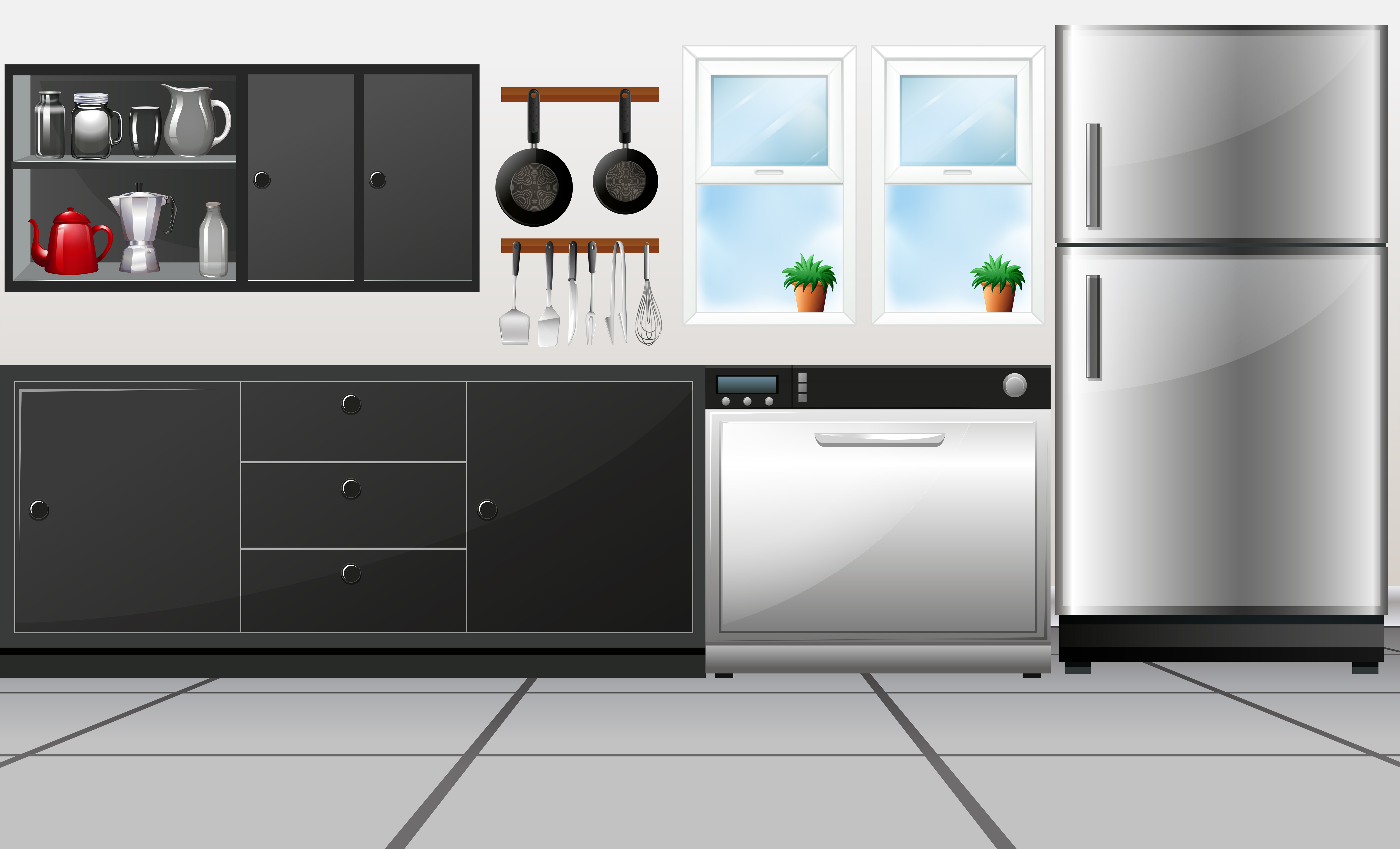 Kitchen room with utensils and electronic appliances 303179 Vector Art