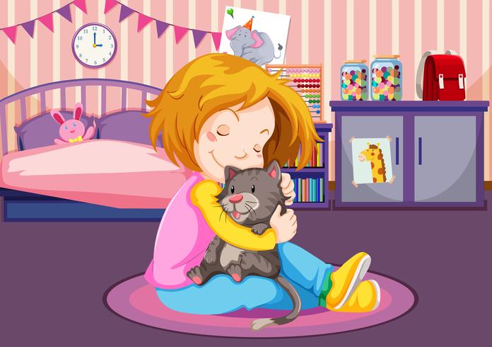 Young girl cuddling a kitten vector