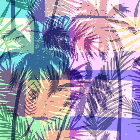 Seamless exotic pattern with tropical palm on geometric background in bright color. vector