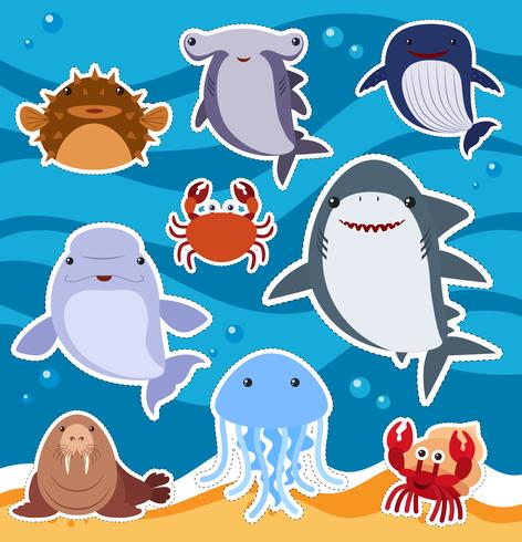 Sticker design with cute sea animals vector