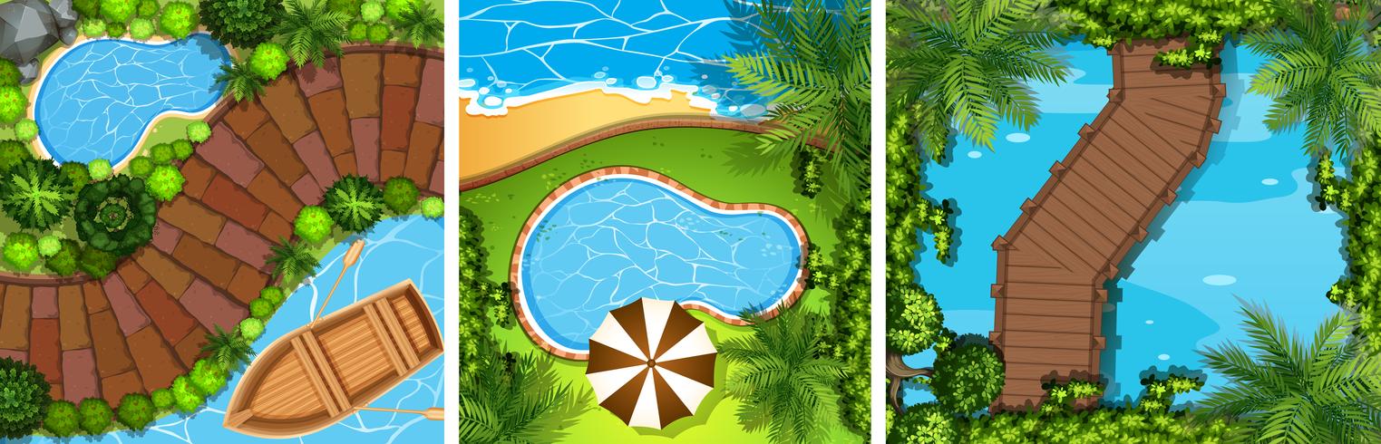 Three scenes with bridge and pond vector