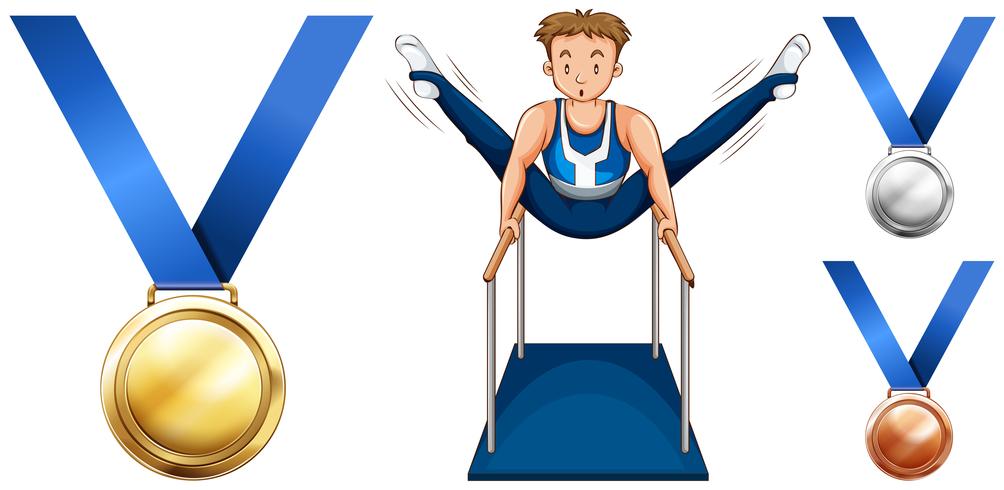 Gymnastics on parellel bars and medals vector