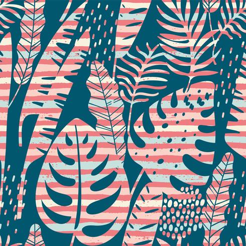 Seamless exotic pattern with tropical plants and stripes background. vector