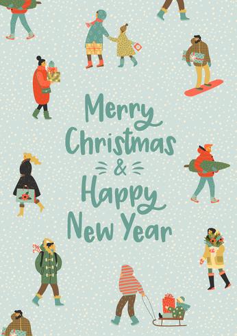 Christmas and Happy New Year illustration whit people. Trendy retro style. vector