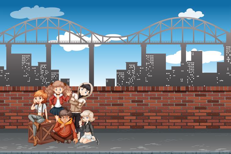 A group of teenagers in urban scene vector