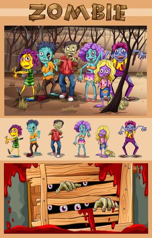 Zombies caminando en el bosque vector