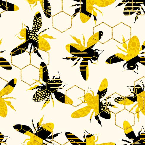 Seamless geometric pattern with bee. vector