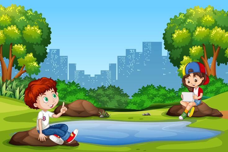 Boy and girl at the park vector