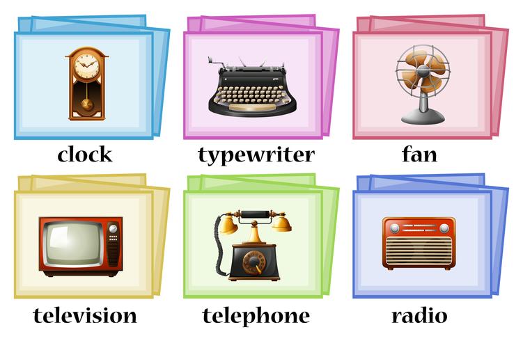 Vintage objects on flashcards vector