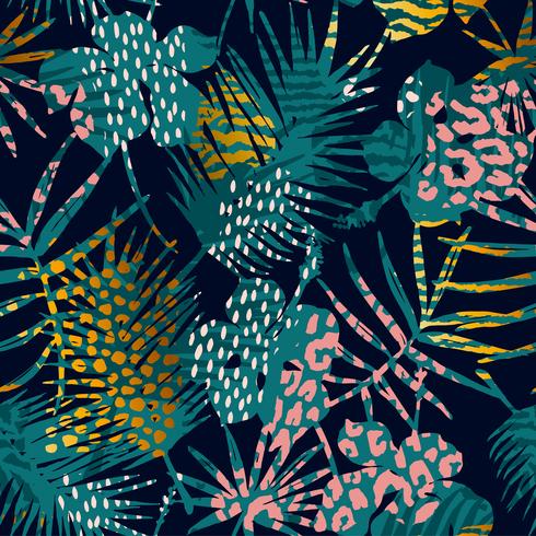 Trendy seamless exotic pattern with palm and animal prints. vector