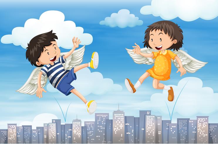 Niño y niña con alas volando en el cielo vector