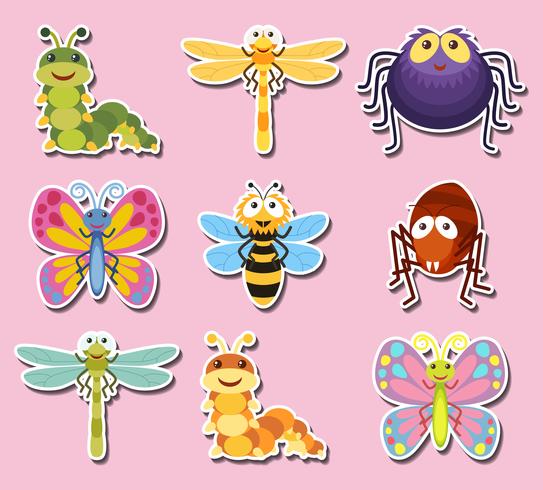 Diseño de pegatinas con lindos bichos e insectos. vector