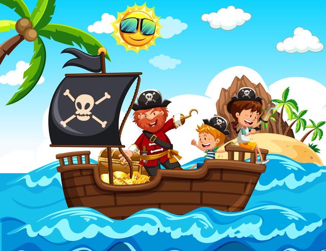 Pirata y niños en el barco vector