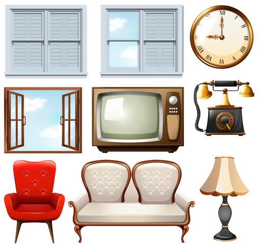 Different vintage furnitures on white vector