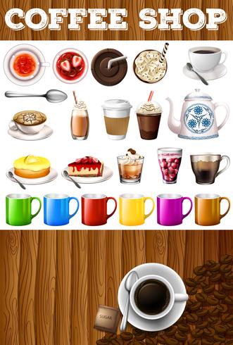 Diferentes tipos de bebidas y postres en cafetería. vector