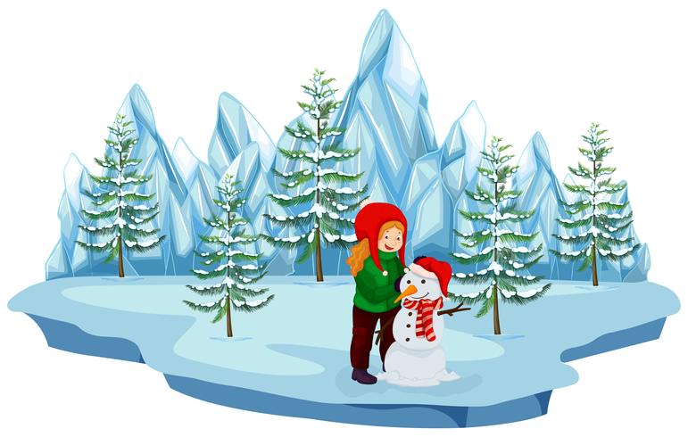 A Girl Building Snowman on White Background vector