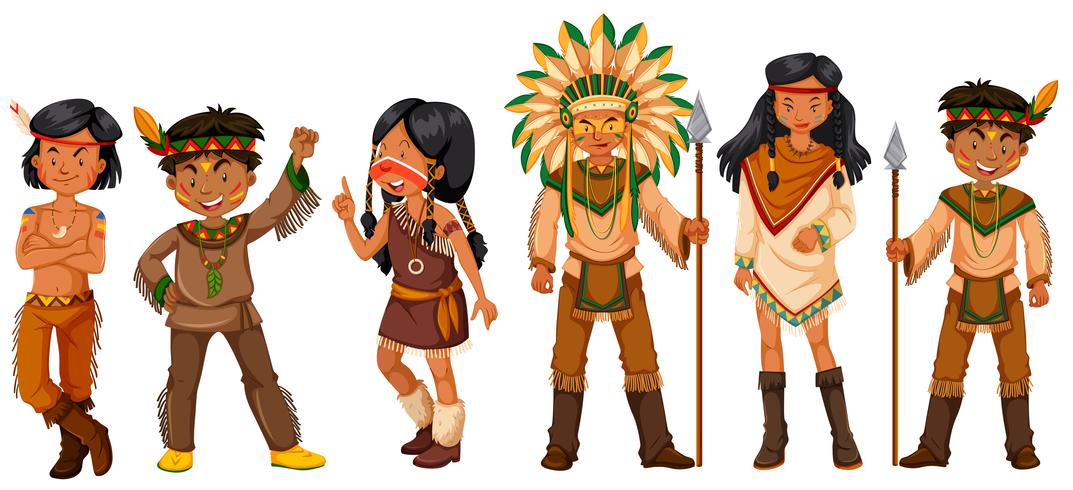 Many native american indians in costumes vector