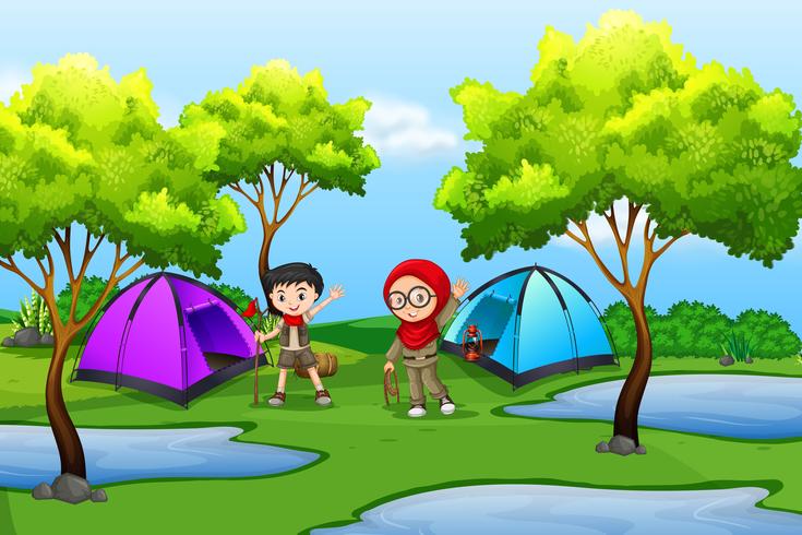 Niño y niña exploradora acampando en la naturaleza. vector