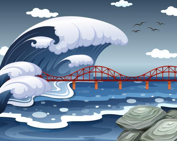 Un tsunami golpeó el puente del océano. vector