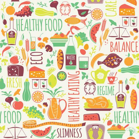 Vector seamless pattern with illustration of healthy food.