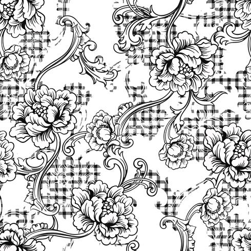 Eclectic fabric plaid seamless pattern with baroque ornament. vector