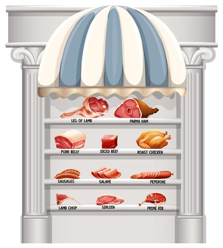 Estanterías llenas de diferentes tipos de carne. vector