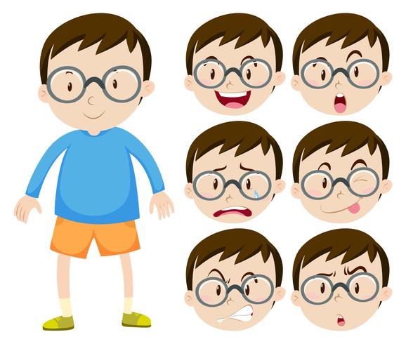 Niño pequeño con gafas y muchas expresiones faciales. vector