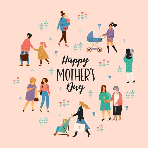 Happy Mothers Day. Vector illustration with women and children.