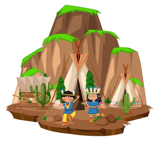 Dos indios nativos en el campamento. vector