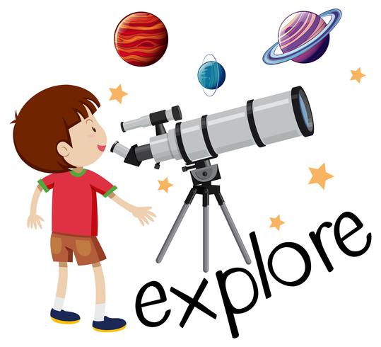 Flashcard para explorar con niño mirando a través del telescopio vector