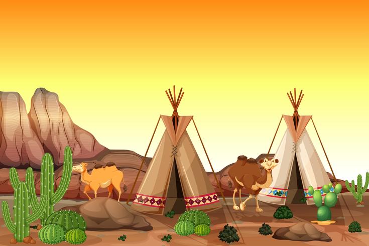 Escena del desierto con carpas y camellos. vector