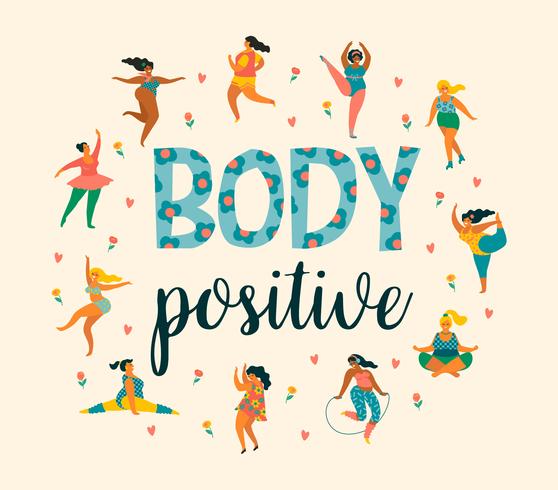 Cuerpo positivo. Felices chicas de talla grande y estilo de vida activo y saludable. vector