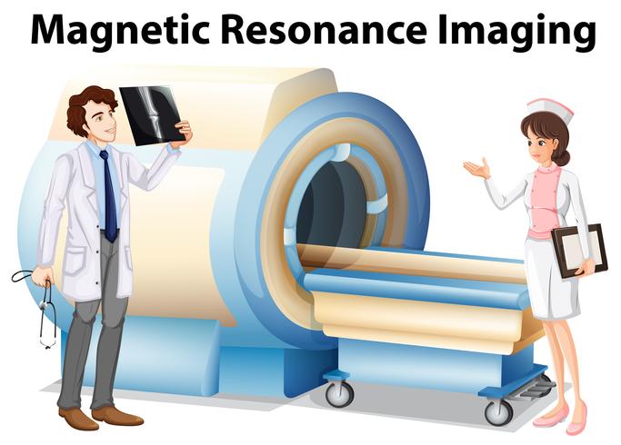 Médico y enfermera trabajando con máquina de imágenes por resonancia magnética. vector