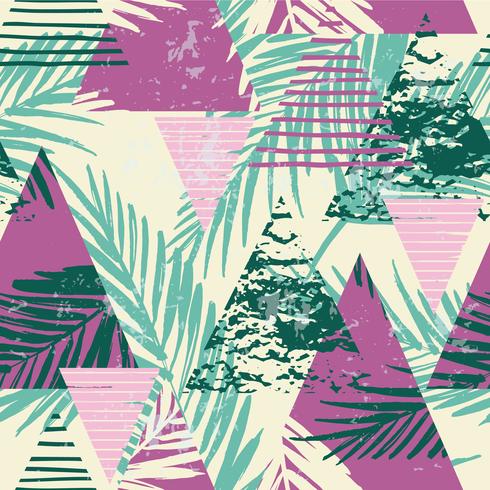 Seamless exotic pattern with palm leaves on geometric background vector