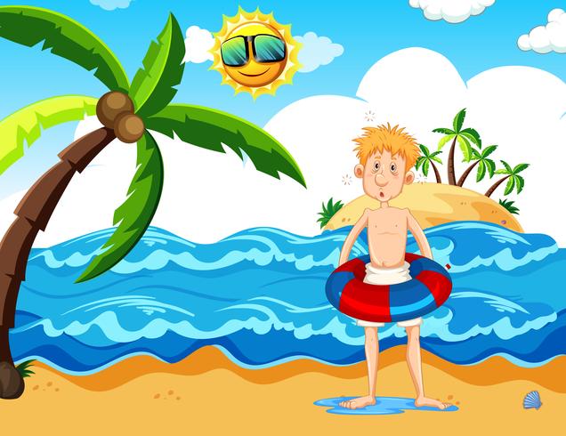 Man with a floaty at the beach vector